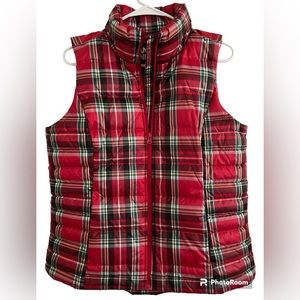 Lands’ End Red Plaid Puffer Vest, NWOT